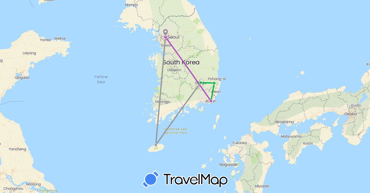 TravelMap itinerary: bus, plane, train in South Korea (Asia)